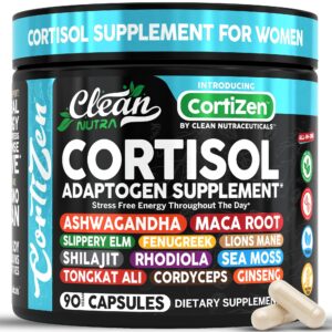 Authentic Clean Nutra Cortisol Supplement for Women, featuring 90 capsules with adaptogens for stress relief and energy.