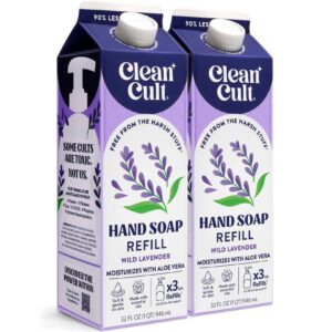 Authentic Cleancult Wild Lavender hand soap refill cartons, moisturizing with aloe vera. Eco-friendly and effective.