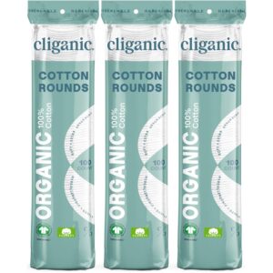 Cliganic Organic Cotton Rounds, 100% genuine organic cotton, three packs featuring 100 rounds each.