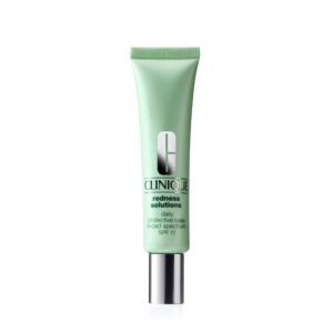 Authentic Clinique Redness Solutions Primer in a green tube, offering daily protection with SPF 15 for a balanced complexion.