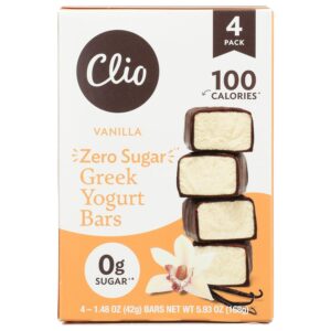 Clio Vanilla Yogurt Bars, a premium imported treat, offer zero sugar and only 100 calories. Available at Curat Cart.