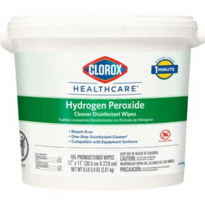 Authentic Clorox Healthcare Hydrogen Peroxide Wipes, 185 premoistened wipes in a bleach-free formula for effective cleaning.