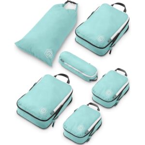Explore the TRIPPED Compression Packing Cubes in vibrant turquoise. 100% genuine, perfect for organized travel.