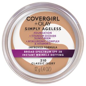 Discover the authentic COVERGIRL OLAY Simply Ageless Foundation, enriched with hyaluronic complex and SPF 28 for wrinkle-defying coverage.