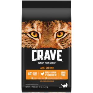 CRAVE Grain Free High Protein Cat Food, a premium import featuring real chicken as the first ingredient, available at Curat Cart.