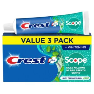 Authentic Crest Scope Whitening Toothpaste, value 3 pack, fresh minty flavor, kills bad breath germs effectively.