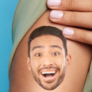 Premium imported Custom Photo Cutout Temporary Tattoos featuring a joyful face, available at Curat Cart for unique self-expression.