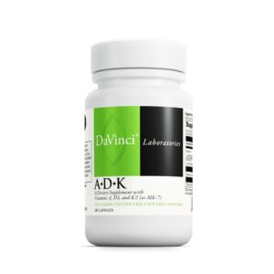 Authentic DAVINCI Labs ADK Dietary Supplement with Vitamins D3, K2. Vegetarian, gluten-free, and non-GMO formula.
