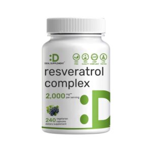 Discover the premium imported Deal Supplement Resveratrol Complex, featuring 2,000 mg per serving in 240 vegetarian capsules. Available at Curat Cart.