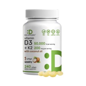Premium imported Deal Supplement Vitamin D3 K2 with coconut oil, offering 50,000 IU per serving, available at Curat Cart.