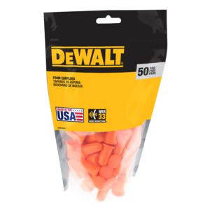 Premium imported DEWALT Foam Earplugs, NRR 33, featuring 50 pairs in a vibrant orange packaging, available at Curat Cart.