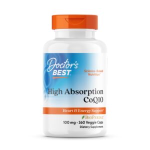 Authentic Doctor's Best CoQ10 supplement bottle, 100 mg, 360 veggie caps for heart and energy support.