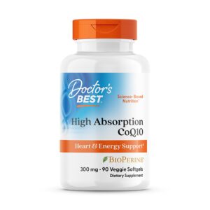 Authentic Doctor's Best CoQ10 supplement bottle for heart and energy support, featuring 300 mg in 90 veggie softgels.