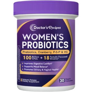 Doctor's Recipes Probiotics for Women offers 100 billion CFUs, supporting digestive comfort and urinary health. Premium import available at Curat Cart.