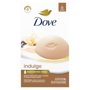 Dove Indulge Beauty Bar Soap offers premium moisturizing with warm vanilla scent, imported for Curat Cart's discerning customers.
