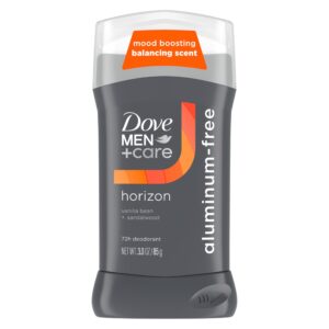 Authentic Dove Men Care deodorant stick, aluminum-free, featuring a soothing vanilla bean and sandalwood scent.