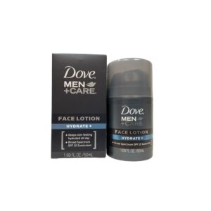 Dove Men Care Hydrating Face Lotion, a premium import that hydrates skin while offering SPF protection. Available at Curat Cart.