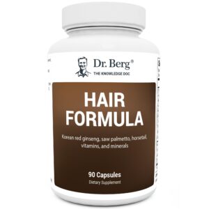 100% Genuine Dr. Berg Hair Formula, featuring Korean red ginseng and essential vitamins, in a 90-capsule bottle.