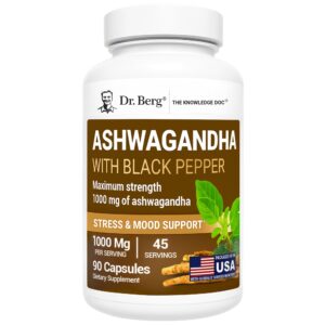 Authentic Dr. Berg Ashwagandha capsules with black pepper for stress support. 1000 mg per serving, 90 capsules.