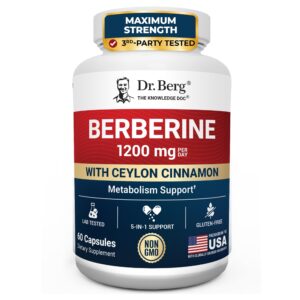 100% Genuine Dr. Berg Berberine with Ceylon Cinnamon, 1200 mg, 60 capsules. Lab tested and gluten-free for metabolism support.