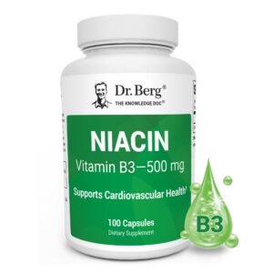 100% Genuine Dr. Berg Niacin 500 mg capsules, supporting cardiovascular health with Vitamin B3 in a sleek bottle.
