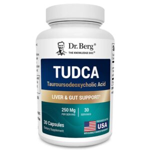 Authentic Dr. Berg TUDCA Supplement for liver and gut support, featuring 30 capsules, 250 mg per serving, made in the USA.
