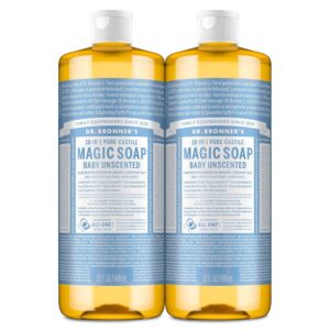 Authentic Dr. Bronner's Pure-Castile Liquid Soap, 32 oz bottles, gentle and unscented for versatile use. 100% Genuine product.
