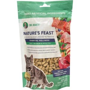 Dr. Marty Nature's Feast Cat Food offers premium imported nutrition with freeze-dried beef, salmon, and poultry for a healthy diet. Available at Curat Cart.