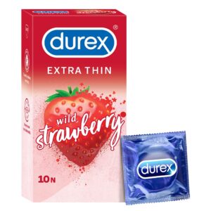 Durex Extra Thin Strawberry Condoms, a premium import from Curat Cart, offering a delightful experience with every use.