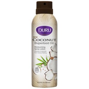 Experience Duru Coconut Moisturizing Spray Lotion, a premium import that absorbs quickly for a non-greasy feel. Available at Curat Cart.