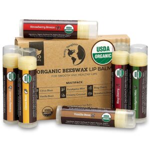 Earth's Daughter Organic Lip Balm multipack featuring six flavors, including Strawberry Breeze and Vanilla Bean, 100% authentic.