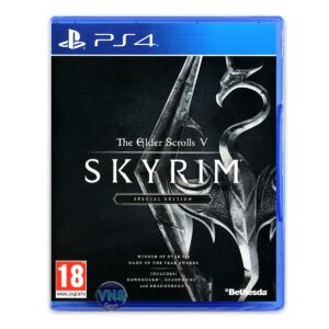 100% Genuine Elder Scrolls V Skyrim Special Edition for PS4, featuring iconic dragon emblem and award details.