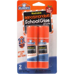 Authentic Elmer's Repositionable School Glue Sticks, washable, perfect for crafts and projects. Two sticks included.