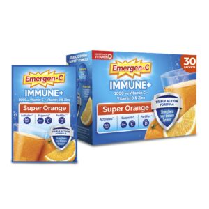 Authentic Emergen-C Immune Support Powder in Super Orange flavor. 30 packets with Vitamin C, D, and Zinc.