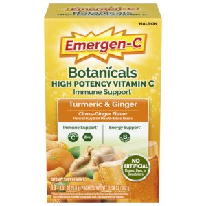 Authentic Emergen-C Vitamin C Immune Support in Turmeric-Ginger flavor, packed with natural ingredients for wellness.
