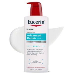 Eucerin Advanced Repair Lotion, 100% genuine, hydrates and repairs dry skin with 5% urea and ceramide, dermatologist recommended.