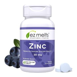 EZ Melts Zinc Supplement, 30 mg, promotes immune health with blueberry blast flavor. 100% genuine product in 60 fast-melting tablets.