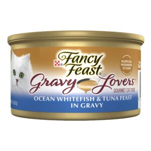 Fancy Feast Gravy Lovers cat food features ocean whitefish and tuna in gravy, a premium import available at Curat Cart.