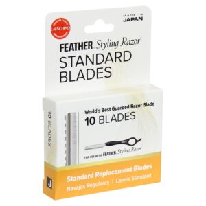 Premium imported Feather Styling Razor Blades in retail packaging, featuring 10 standard blades for the best shaving experience. Available at Curat Cart.