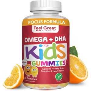 Feel Great Kids Omega 3 Gummies bottle with orange slices; supports brain and heart health, 100% authentic.