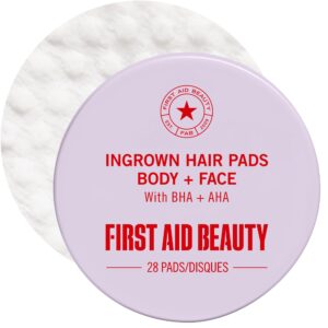Discover authentic First Aid Beauty Ingrown Hair Pads for body and face, featuring BHA and AHA. 28 pads included.