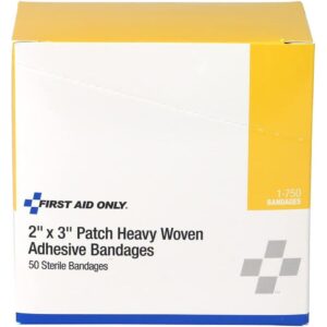 Authentic First Aid Only 2" x 3" heavy woven adhesive bandages, 50 sterile bandages in a sealed box.