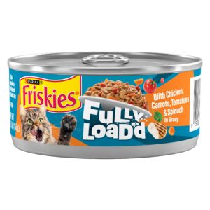 Friskies Wet Cat Food Chicken offers a premium imported meal with chicken, carrots, tomatoes, and spinach in gravy. Available at Curat Cart.