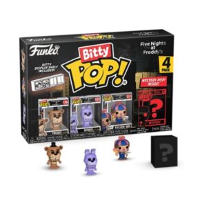 Authentic Funko Bitty POP! 4 Pack featuring Freddy and 3 mystery characters from FNAF, includes display shelf.