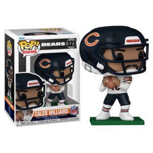 100% genuine Funko Pop figure of Caleb Williams, wearing Chicago Bears gear and holding a football, in collector's box.
