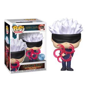 100% authentic Funko Jujutsu Kaisen POP of Satoru Gojo, featuring vibrant colors and dynamic pose with red accessories.