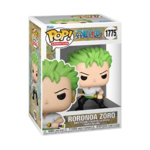 Authentic Funko POP! Animation figure of Zoro from One Piece, featuring vibrant green hair and a determined expression.
