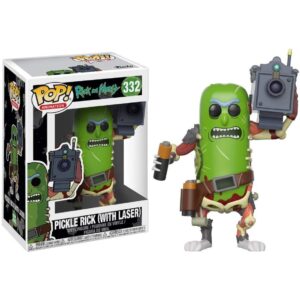 Authentic Pickle Rick Funko POP! from Rick & Morty, holding a laser gun. Perfect for fans and collectors.