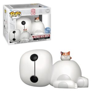 100% authentic Funko Pop figure of Baymax with Mochi, showcasing their playful, adorable pose. Limited edition collectible.