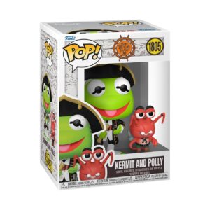 100% Genuine Funko POP! Kermit dressed as a pirate alongside Polly in a vibrant collectible box.